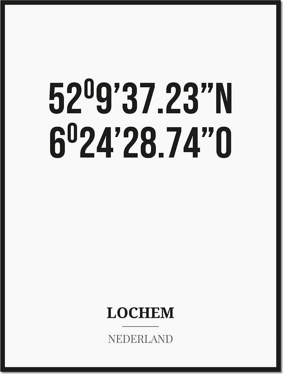 Studio216 Poster/kaart LOCHEM met coördinaten zwart, wit