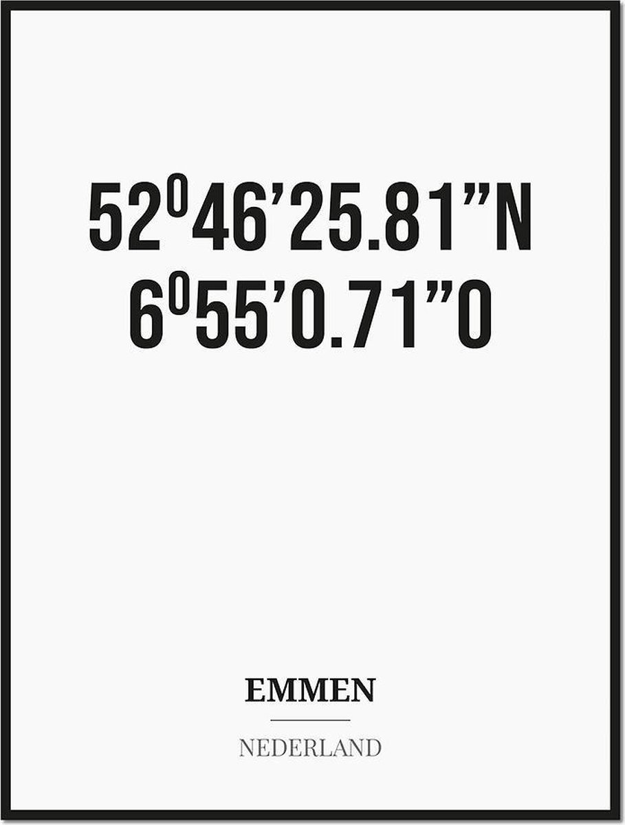 Studio216 Poster/kaart EMMEN met coördinaten zwart, wit