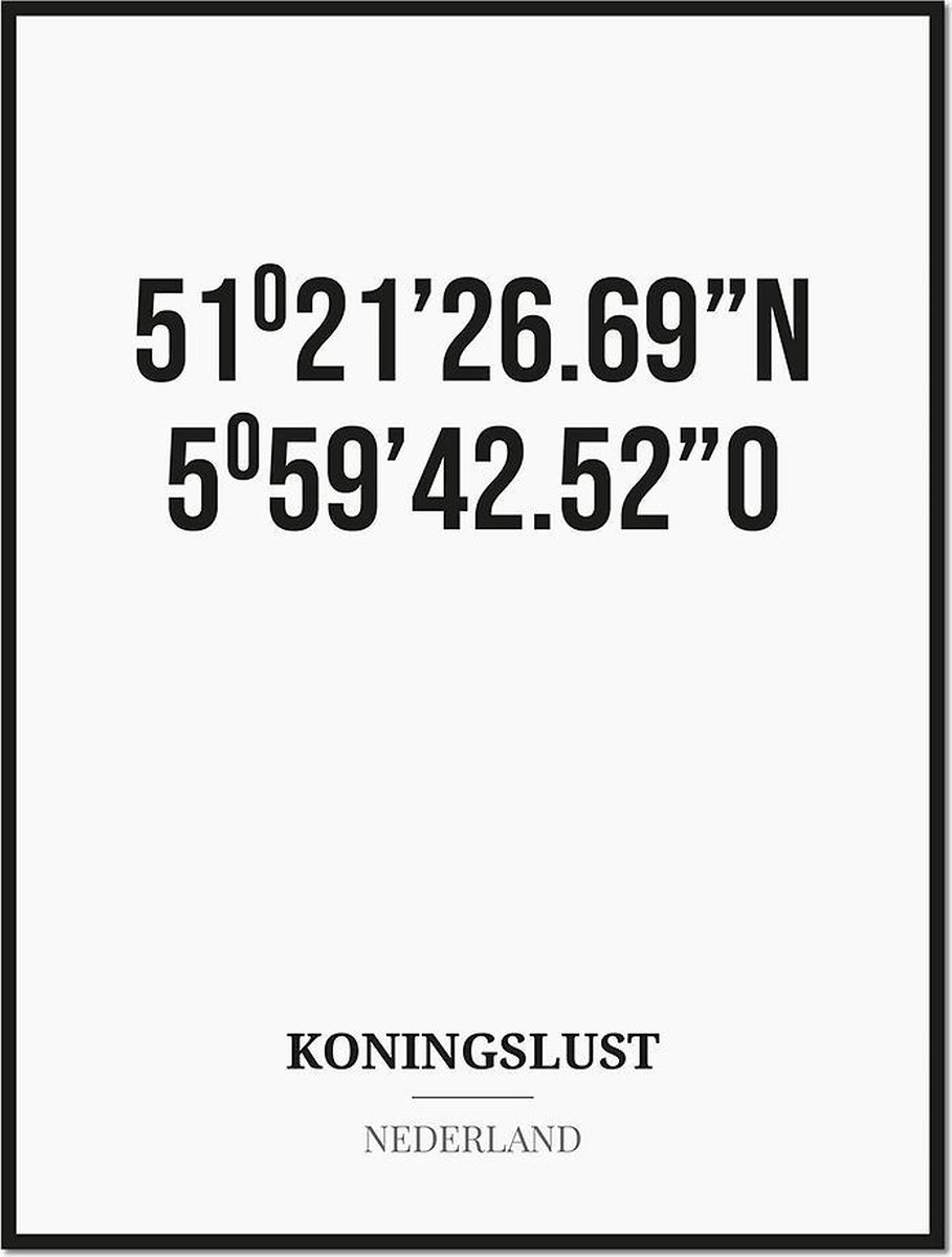 Studio216 Poster/kaart KONINGSLUST met coördinaten zwart, wit