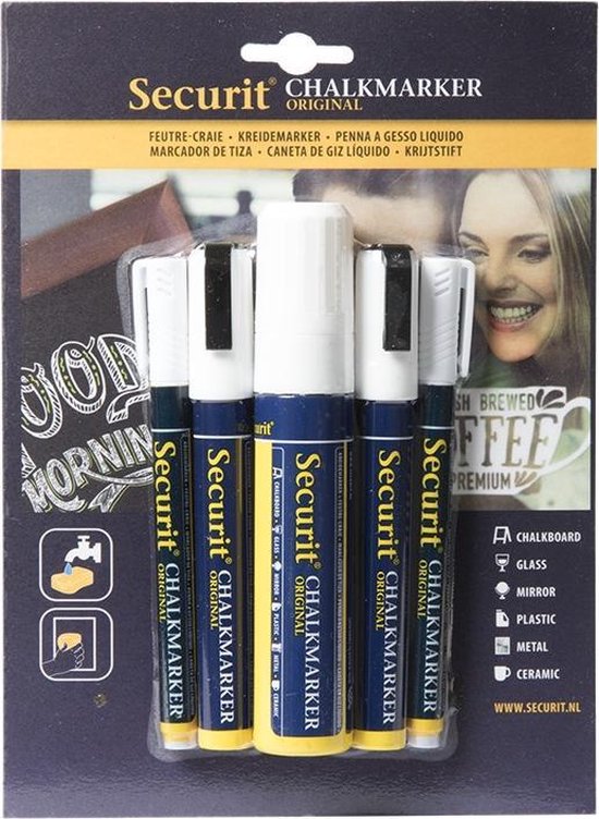 5x Witte vloeibare krijtstiften in 3 verschillende maten 1-2 mm/2-6 mm/7-15 mm - Krijtstiften/hobby artikelen/kantoor benodigheden