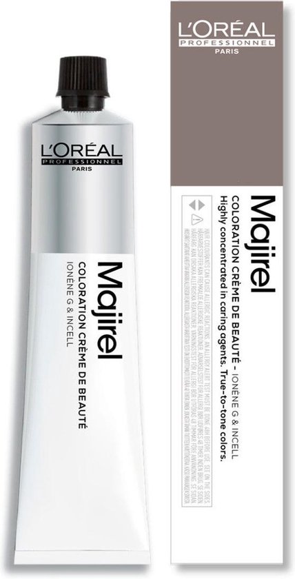 Coloration Majirel L'Oréal dans un tube blanc aux accents argentés et une boîte.
