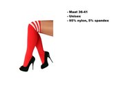 Lange sokken rood met witte strepen - maat 36-41 - kniekousen overknee kousen sportsokken cheerleader carnaval voetbal hockey unisex festival