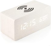 Houten wekker met draadloos opladen - Thermometer functie - Alarm wekker - Digitaal - QI wireless charger - Smartphone - Apple Iphone samsung - Wit