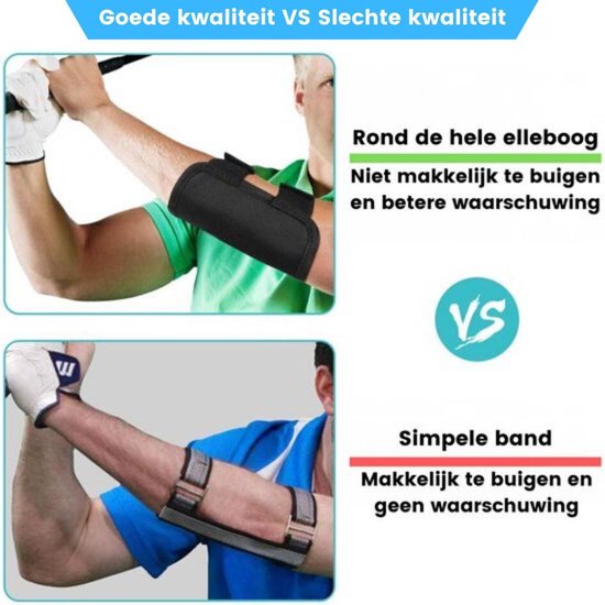 Illustratie die het verschil toont tussen een goede en foute golfhouding met elleboogbrace, met geluidssymbool.