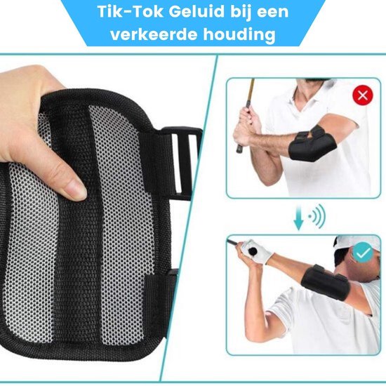 Close-up van de ademende mesh-stof van een golf elleboogbrace, met demonstratie van de "tik-tok" geluidsfunctie.