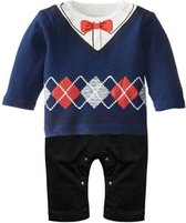 Baby Boy Romper Blauw rood ruit met strikje ,Gentleman One-Piece, Button-Down Bowtie, Wedding Suit Bodysuit, Onesie, Kleding set, 9-12 maanden