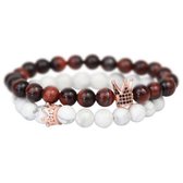 AWEMOZ Natuursteen Armbanden - Kronen Kralen Armbandjes - Kastanjebruin - Wit - Armband Dames - Armband Heren - Cadeau voor Man & Vrouw