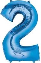 Folie ballon XL cijfer 2 blauw kleur is 1 meter  groot  inclusief een flamingo sleutelhanger