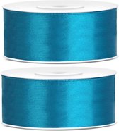 2x Hobby/decoratie turquoise satijnen sierlinten 2,5 cm/25 mm x 25 meter - Cadeaulinten satijnlinten/ribbons - Turquoise linten - Hobbymateriaal benodigdheden - Verpakkingsmaterialen
