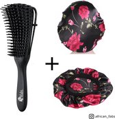 Zwarte Anti-klit Haarborstel + Zwarte bloemen satijnen slaapmuts | Detangler brush | Detangling brush | Satin cap / Hair bonnet / Satijnen nachtmuts / Satin bonnet | Kam voor Krullen | Kroes haar borstel