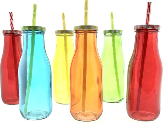 6 x gekleurde glazen melkfles 450 met deksel en rietje - Mason Jars | bol.com