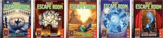 Afbeelding van het spel 5x Pocket Escape Room - Achter het gordijn + De tijd vliegt + De vloek van de Sphinx + Het lot van Londen + Diefstal in Venetië - 999 Games