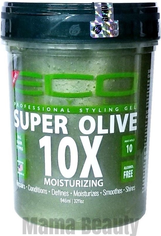 Groene pot Eco Styler Super Olive 10X stylinggel, 946ml 32floz. "Mama Beauty" watermerk.