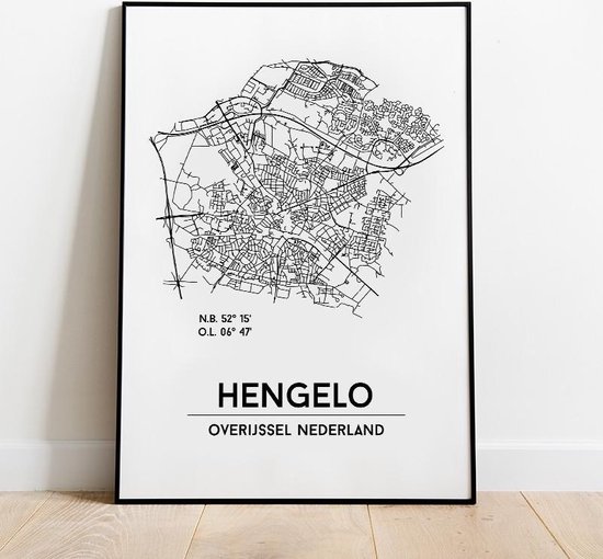Hengelo city poster, A3 (30x40 cm) met lijst, plattegrond poster, woonplaatsposter, woonposter