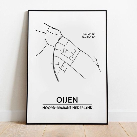Oijen city poster, A3 (30x40 cm) met lijst, plattegrond poster, woonplaatsposter, woonposter