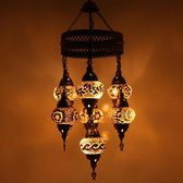 Turkse Lamp -  Hanglamp - Mozaïek Lamp - Marokkaanse Lamp - Oosters Lamp - Authentiek - Handgemaakt- Kroonluchter - Geel & Bruin - 7 bollen