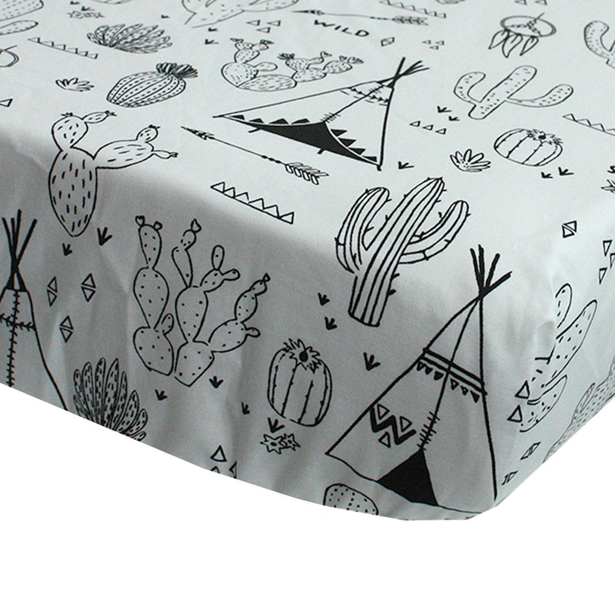 BINK Bedding Hoeslaken Indiana 70 x 150 cm - juniorbed - peuterbed - kinderkamer - zwart - wit - tipi - dromenvanger - cactus