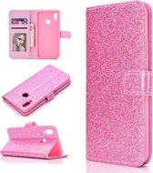 Let op type!! Voor Samsung Galaxy A20s Glitter Powder Horizontale Flip Lederen case met kaartslots & houder & fotolijst & portemonnee(roze)