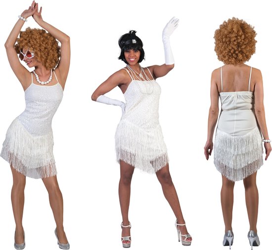 Funny Fashion - Glitter & Glamour Kostuum - Glitter Fancy Flapper Jurk Wit Vrouw - Wit / Beige - Maat 32-34 - Carnavalskleding - Verkleedkleding