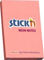 Stick'n sticky notes - 76x51mm, neon roze, 100 memoblaadjes