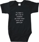Rompertjes baby met tekst - My diaper is like a box of choclates. You never know what you're gonna get - Romper zwart - Maat 62/68