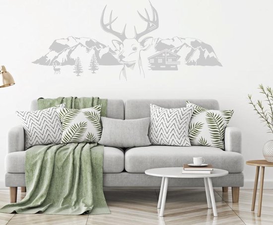 Muursticker Herten Met Bergen Bomen En Huis - Zilver - 160 x 67 cm - woonkamer alle muurstickers slaapkamer