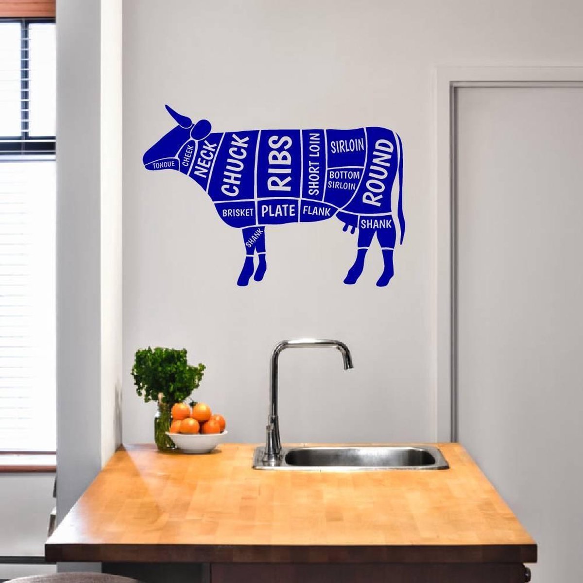 Muursticker Koe Met Benaming Donkerblauw 80 x 53 cm