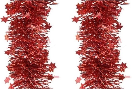 2x Stuks Kerstslingers Glitter Sterren Rood 10 Cm Breed X 270 Cm Guirlandes Folie