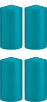 4x Turquoise blauwe cilinderkaarsen/stompkaarsen 8 x 15 cm 69 branduren - Geurloze kaarsen turkoois blauw - Woondecoraties