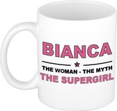 Naam cadeau Bianca - The woman, The myth the supergirl koffie mok / beker 300 ml - naam/namen mokken - Cadeau voor o.a verjaardag/ moederdag/ pensioen/ geslaagd/ bedankt