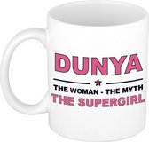 Naam cadeau Dunya - The woman, The myth the supergirl koffie mok / beker 300 ml - naam/namen mokken - Cadeau voor o.a verjaardag/ moederdag/ pensioen/ geslaagd/ bedankt