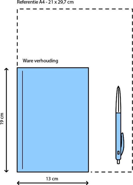 Illustratie van een lichtblauwe agenda van 19 x 13 cm naast een blauwe pen. De ware grootte is vergeleken met A4.