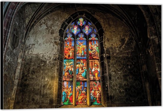 Dibond –Kerk met Glas-in-lood Raam– 90x60 Foto op Aluminium (Wanddecoratie van metaal)