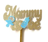 Taartdecoratie versiering| Taarttopper| Cake topper |Baby| Mommy To Be| Goud glitter| Blauw 14 cm| karton