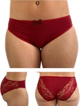 Lydia 3-stuks dames Midi Slip met kant donker rood maat L (38)