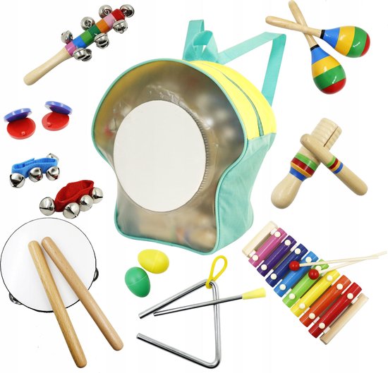 minstens verkenner gerucht Set houten muziekinstrumenten - 15-delig - inclusief kinderrugzak | bol.com