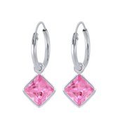 Joy|S - Zilveren ruit square cubic zirkonia roze bedel oorbellen