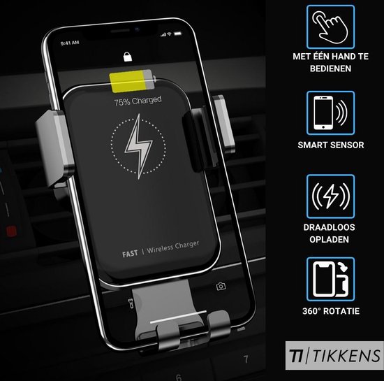 TIKKENS Telefoonhouders Auto met Draadloze Oplader & Smart Infrarood Sensor  - Qi... | bol.com