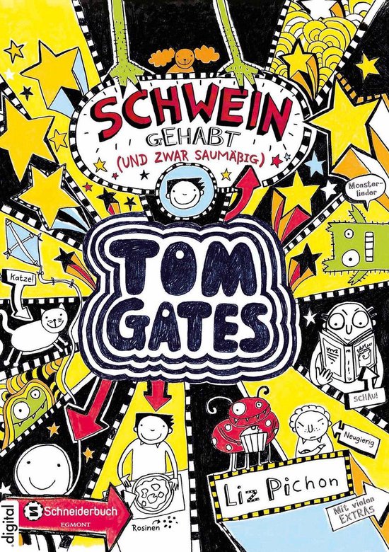 Cover van Tom Gates boek met kleurrijke doodles, sterren en stripfiguren op een gele en zwarte achtergrond.