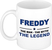 Naam cadeau Freddy - The man, The myth the legend koffie mok / beker 300 ml - naam/namen mokken - Cadeau voor o.a verjaardag/ vaderdag/ pensioen/ geslaagd/ bedankt