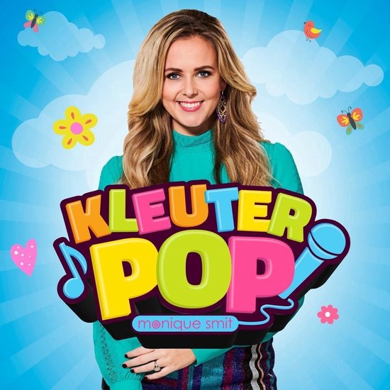Vrolijke cover van Kleuter Pop met Monique Smit, omringd door wolken, vlinders en bloemen.