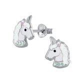 Joy|S - Zilveren eenhoorn oorbellen unicorn wit