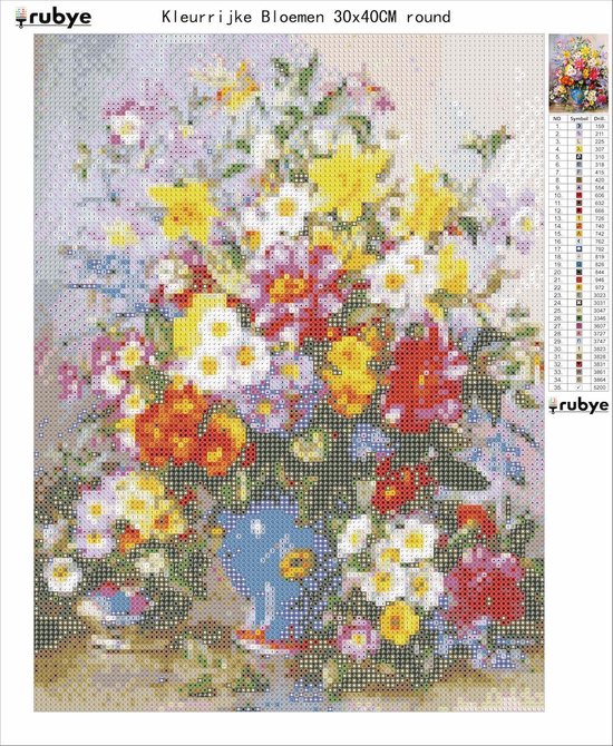 Peinture diamant 30x40cm avec bouquet de fleurs multicolores dans un vase bleu avec clé de symboles.