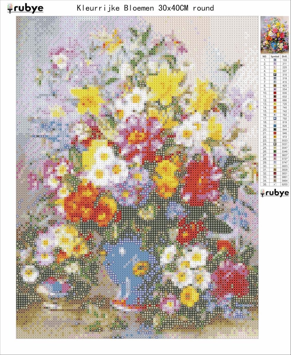 Rubye® Diamond Painting Volwassenen - Diamond Painting Kinderen - Diamond Painting Pakket Volledig - Kleurrijke Bloemen - 30x40cm — afbeelding 4