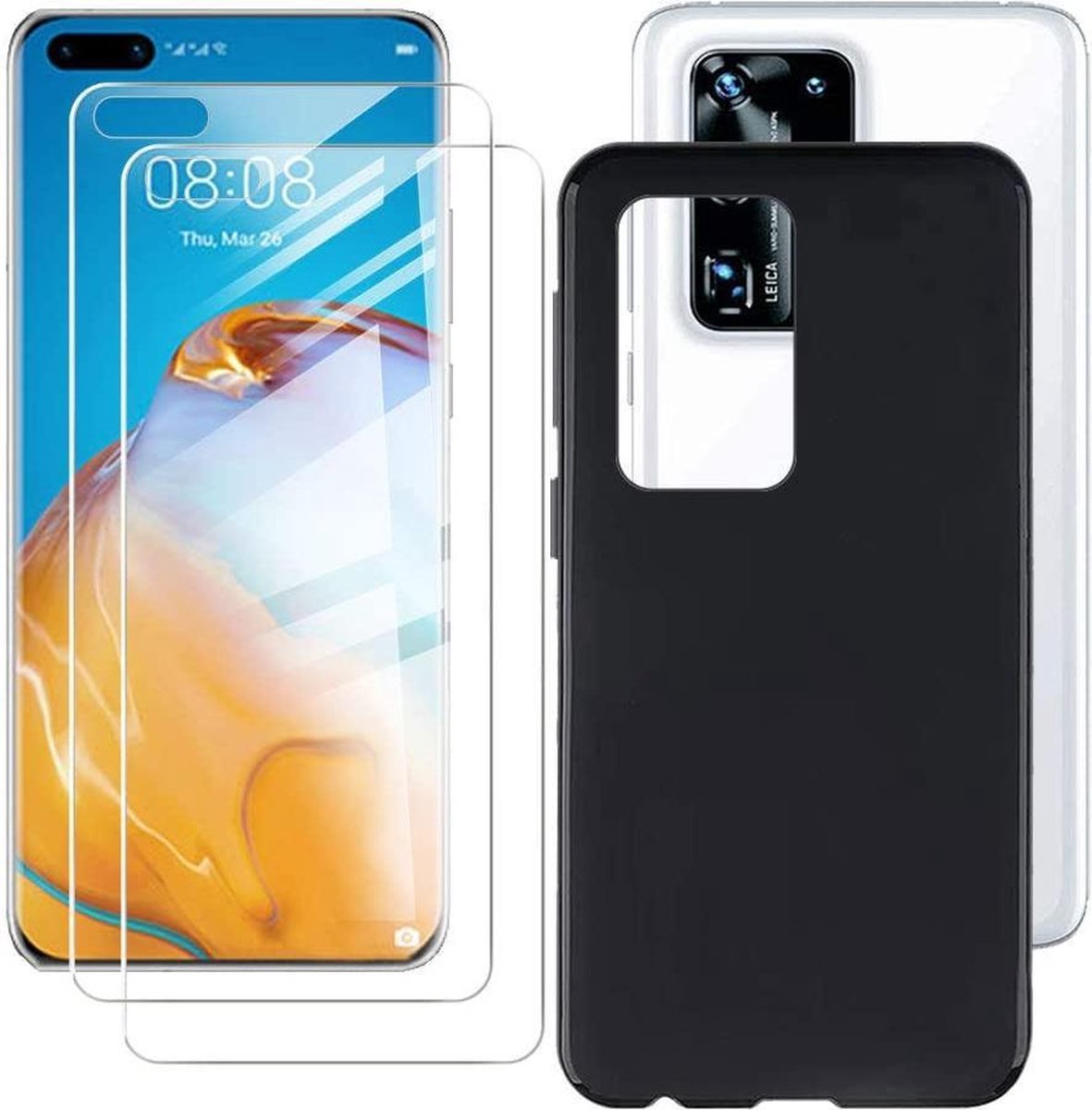 Hoesje Geschikt voor: Huawei P40 - Soft TPU Siliconen Case & 2X Tempered Glas Combi - Zwart