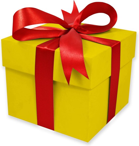 bol.com | Grote gele geschenkdoos met deksel en rode strik | Gele doos |  Vierkante doos | 25cm |...