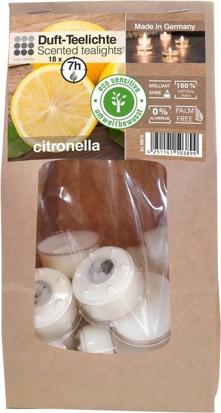 18x Geurtheelichtjes citronella/wit 7 branduren - Geurkaarsen citronellageur - Waxinelichtjes - Eco/milieubewuste kaarsjes - Anti-muggen citronella