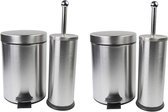 2x Set Pedaalemmer 3 liter met bijpassende toiletborstel - RVS - wc / toilet set - 4-delige set