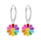 Joy|S - Zilveren madeliefje bloem bedel oorbellen multicolor oorringen