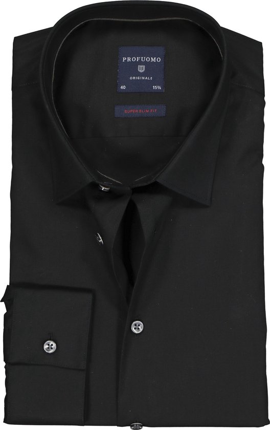 Profuomo Originale super slim fit overhemd - stretch poplin - zwart - Strijkvriendelijk - Boordmaat: